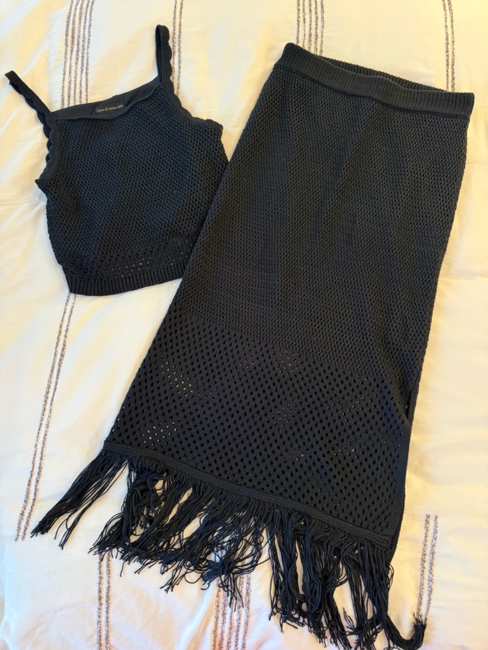 House of Harlow 1960 Black Crochet Maxi Skirt with Fringe